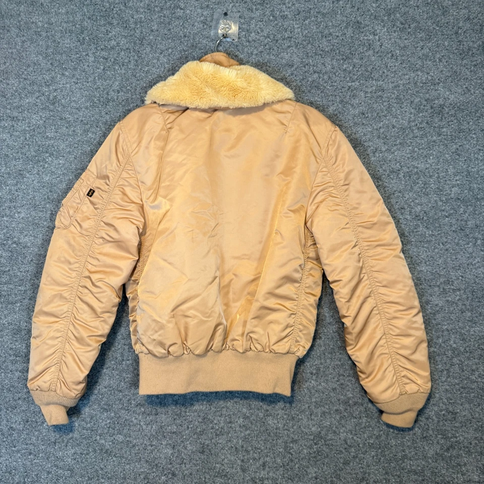 Chaqueta de bombardero Alpha Industries B-15 para hombre pequeña marrón cuello de piel sintética cremallera calce ajustado Foto 2 de 4
