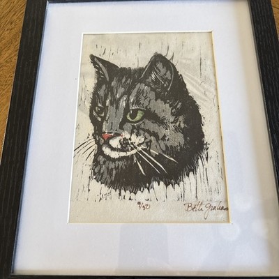 Vintage Block Print Cat Artwork Signed Bette Graham 9/50 Framed
