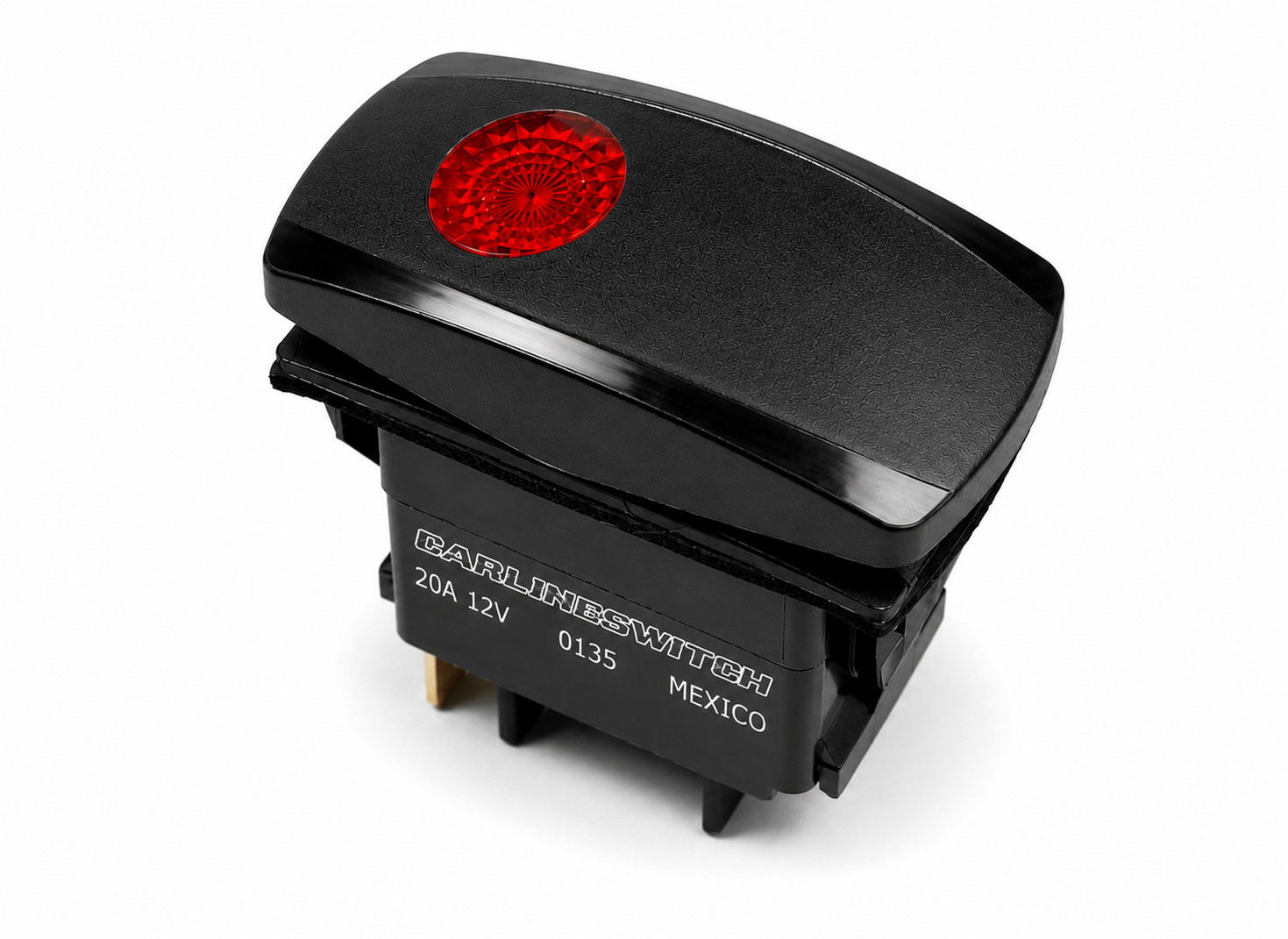 Carling Rocker Switch (maintained) SPDT, 20A 12/24VDC, ON/OFF/ON, Ind. Red LED