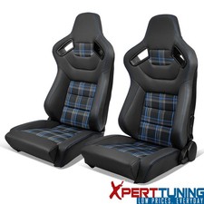 Universal Reclinable Racing Seat Dual Slider Microfiber Leather Blue Plaid 2pc