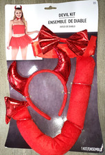 WOMEN NEW RED DEVIL KIT HALLOWEEN SET TAIL metallic HORNS HEADBAND CHOKER BOW