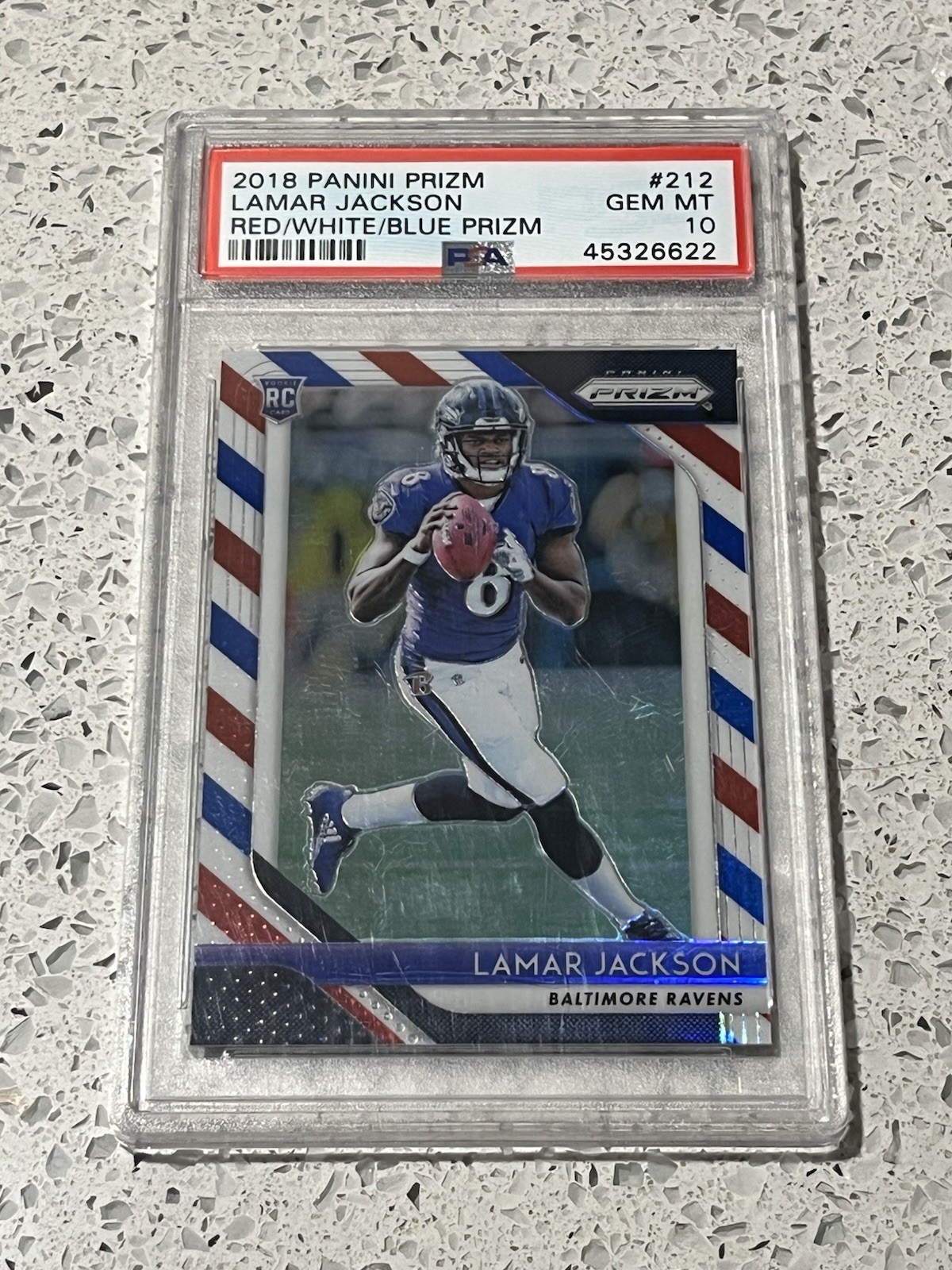 2018 Panini Prizm Lamar Jackson Red White Blue Prizm #212 Ravens RC PSA 10