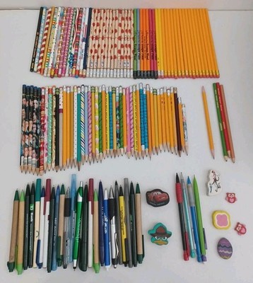 Huge Lot 102 Pencils 24 Pens 4 Mechanical Pencils 7 Erasers Assorted Brands 