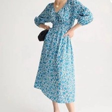 J. Crew V-neck midi dress in blue blooms blockprint size M