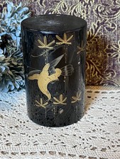 Vintage Japanese Black Lacquer Tea Caddy Canister Gold Painted Bird Pine Box