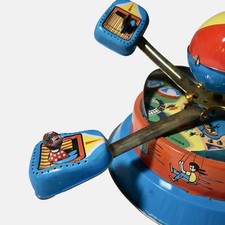 Vintage Tin Windup Merry-Go-Round with Turning Chairs Litho Metal Wind Up Toy