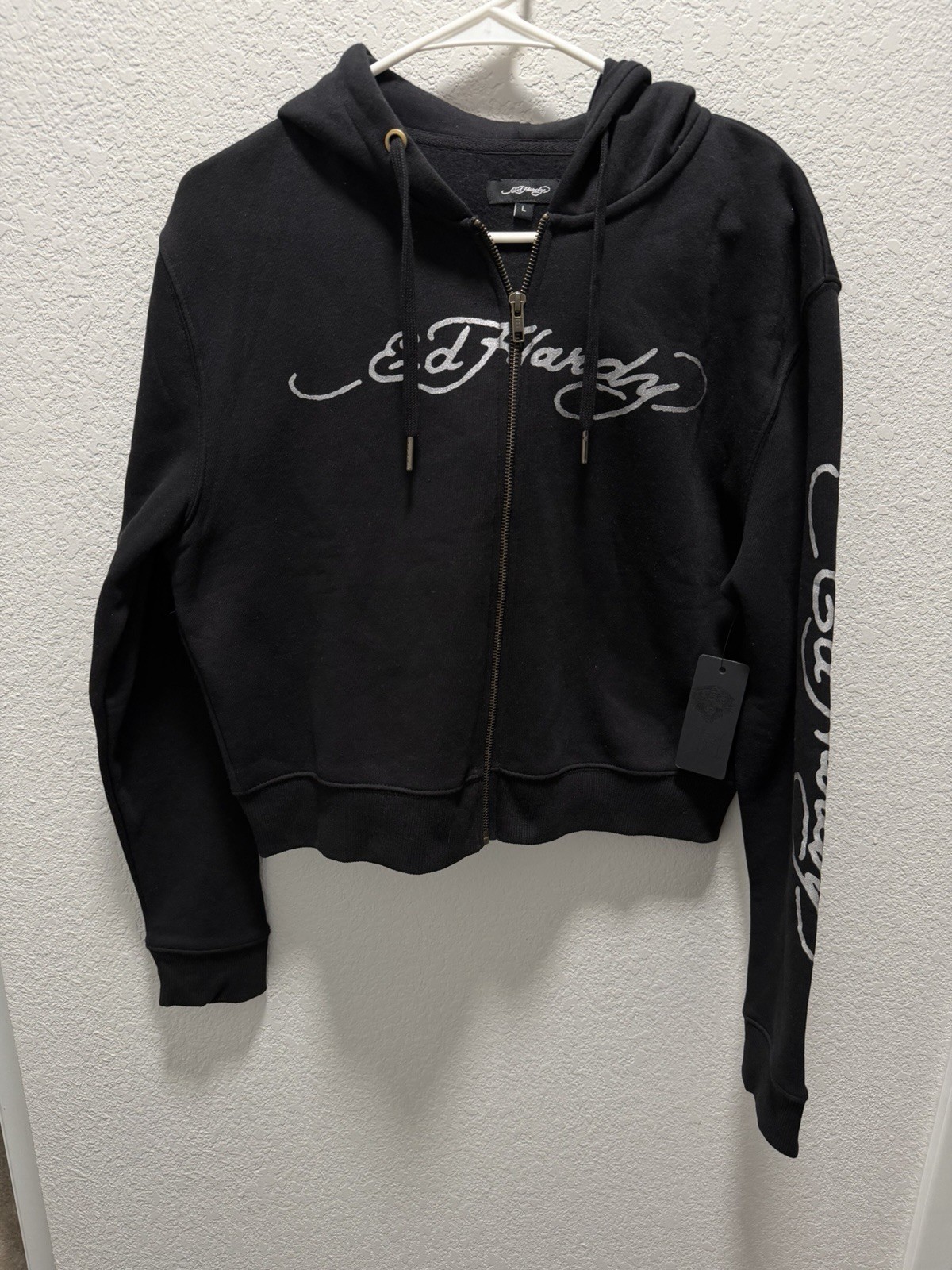 Ed Hardy Cropped Black Hoody With Graphic Eagle Logo Women’s Large Full Zip