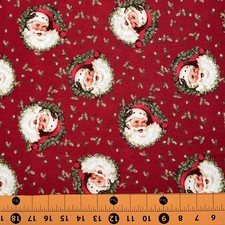Fabric Traditions Christmas Santa Claus Wreath Portrait Red YARD