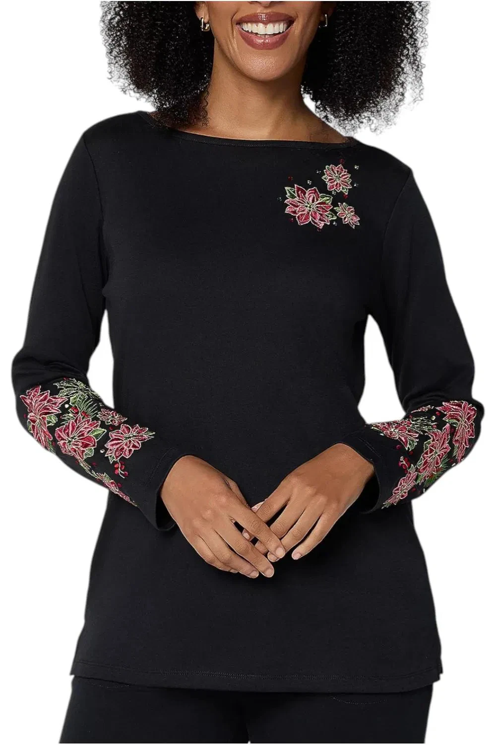 Quacker Factory Women's Poinsettia Floral Bateau Long Slv Top Black