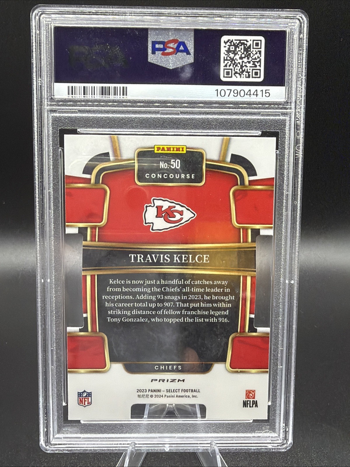 Travis Kelce 2023 Panini Select #50 Concourse Zebra Die-Cut Case Hit SSP PSA 10 view 2