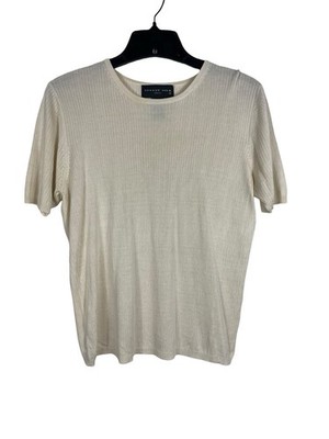 90s August Silk Ribbed 100% Silk Knit Top L Ivory Short Sleeve Quiet Luxury VTG