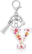Flower Letters Key Chain Women Alphabet "Y" Initial Simulated Pearls Tassel