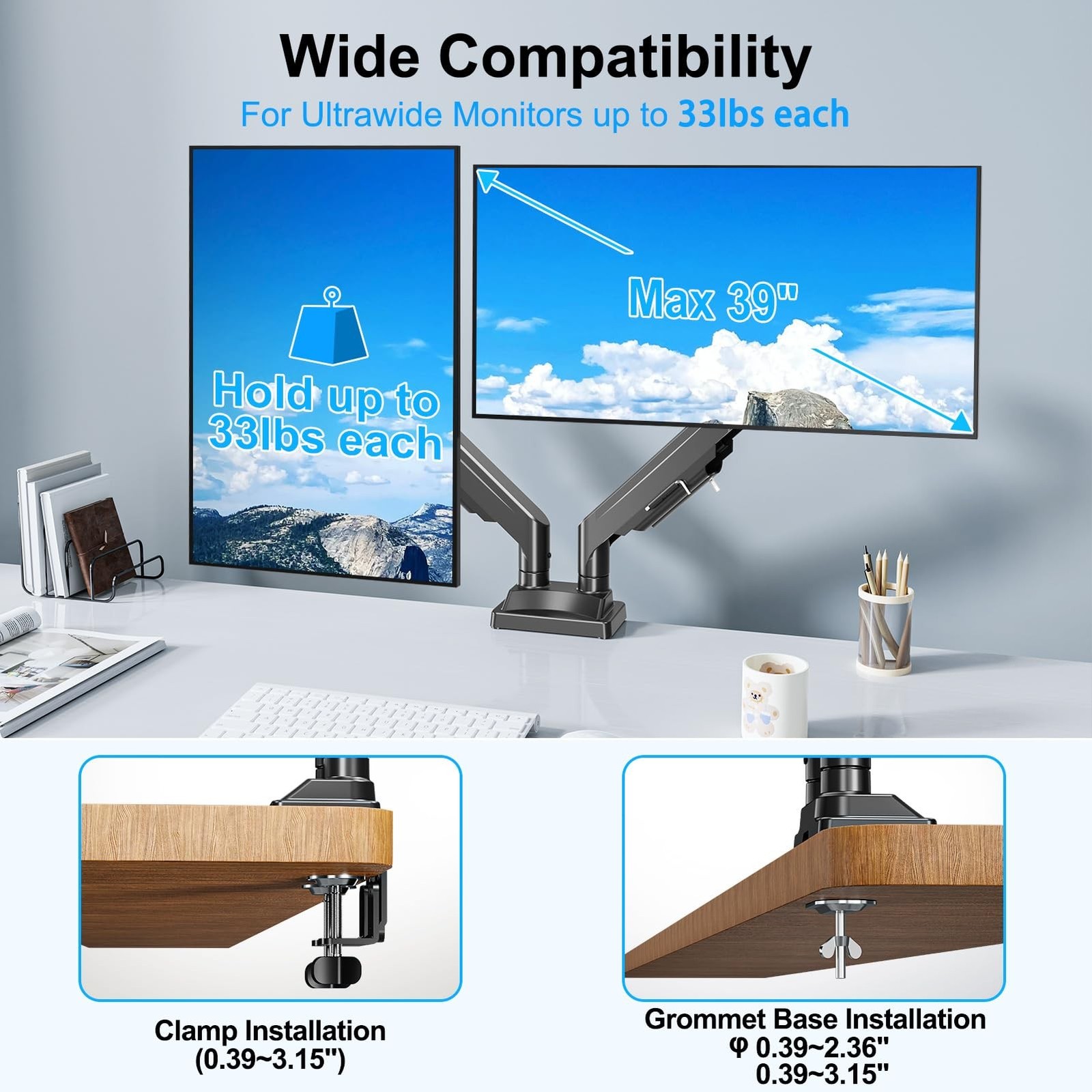 Dual Monitor Mount for Screens up to 43", Heavy Duty Ultrawide Dual Monitor A...