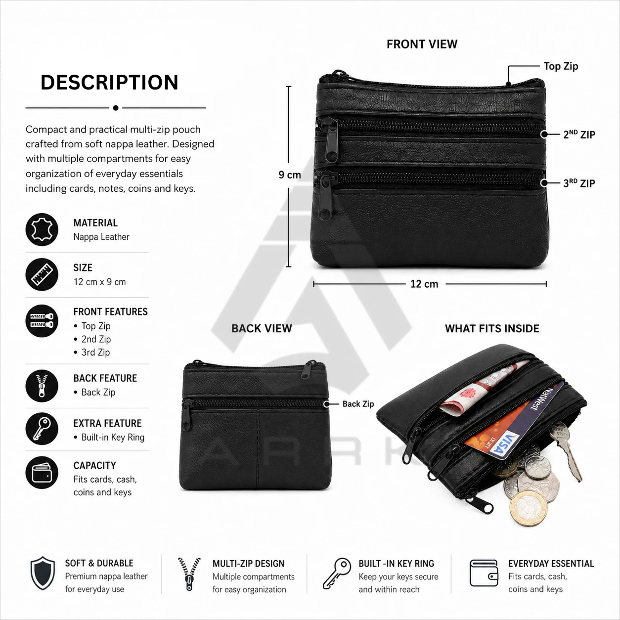 Black nappa leather multi-zip pouch wallet image 7
