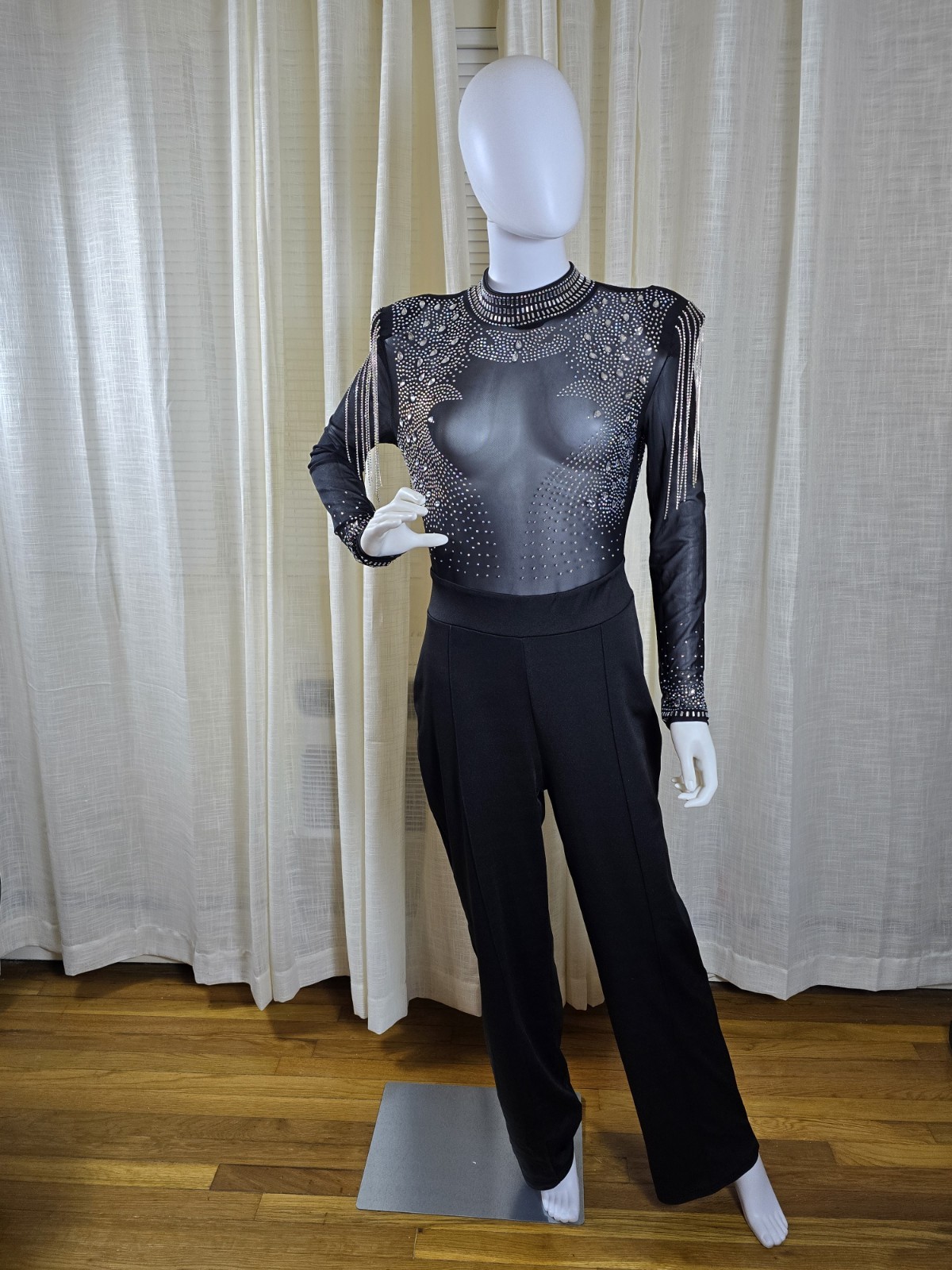 Womens long sleeve Mesh Rhinestone Black jumpsuit Size XL