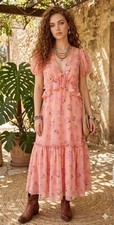 Loveshack Fancy Sz 6 Pink Rose Floral Chiffon Dress Cottage Core Boho Coquette