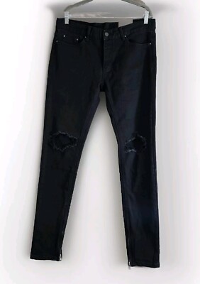MNML Jeans Mens 34x33  Black Ankle Zipper Knee Ripped Distressed Tapered Urban