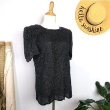 Vintage 80s Sequin Beaded Silk Art Deco Top All Black S Modern Flapper