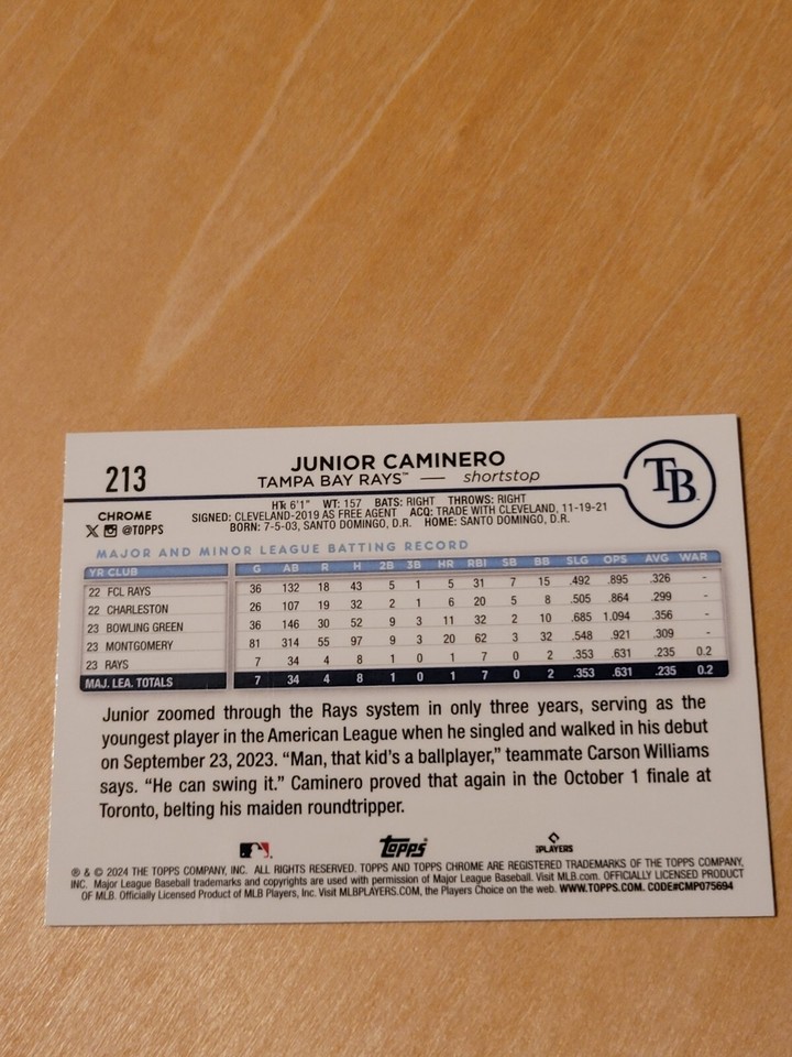 Junior Caminero 2024 Topps Chrome RC. Tampa Bay Rays eBay