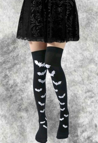 New 2 Pairs Gothic White Bat Print Black Thigh High Stockings Hold Ups Halloween - Picture 3 of 8