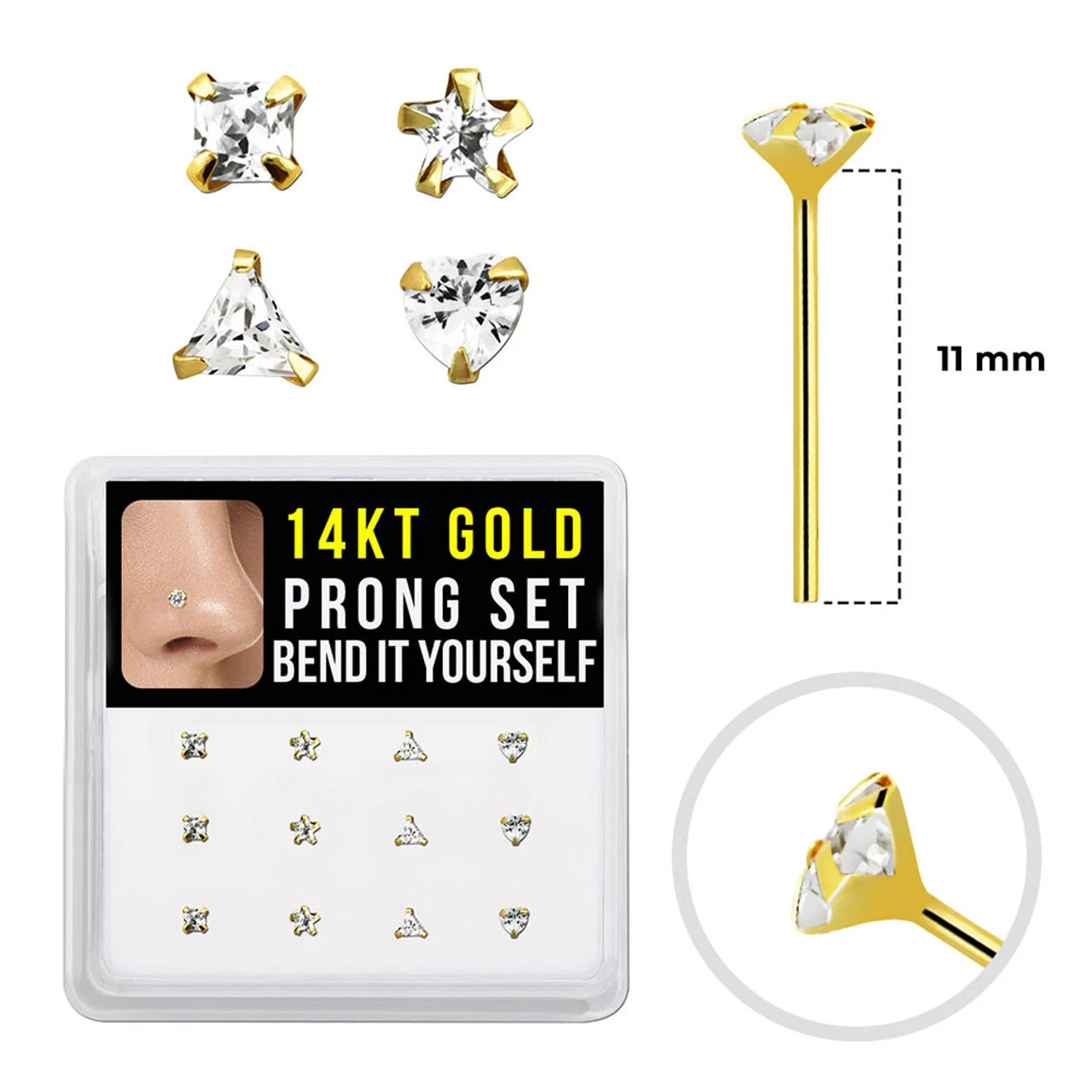 14K Solid Gold 22G Custom Bend Fishtail Bendable Nose Stud Ring Clear Crystal CZ Top Nose Piercing Jewelry  11mm for Women Men