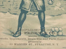  SYRACUSE NY TRADE CARD, PERRY & CO. SEEDS, FARM ITEMS etc at 33 WARREN St  V675