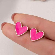 Chic Pink Heart Stud Earrings Simple Jewelry Women Girl Gift Golden Toned