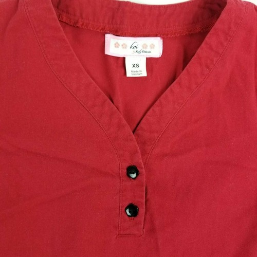 Koi by Kathy Peterson XSMALL XS Scrub Top Style 123 Red w/Black Buttons Vneck - Picture 3 of 4