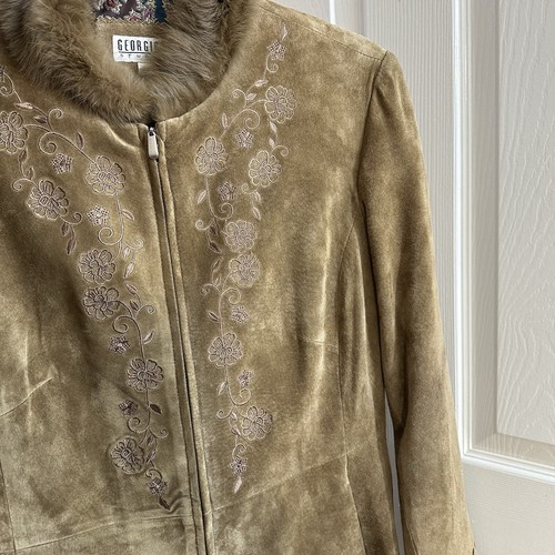 VTG Georgiou Studio Brown Suede Embroidered Flowers Fur Trim Double Zip Sz6 Smal - Picture 10 of 12