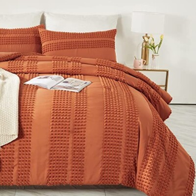 Burnt Orange Textured Bedding Set, Queen/King, 3pc, Modern Design