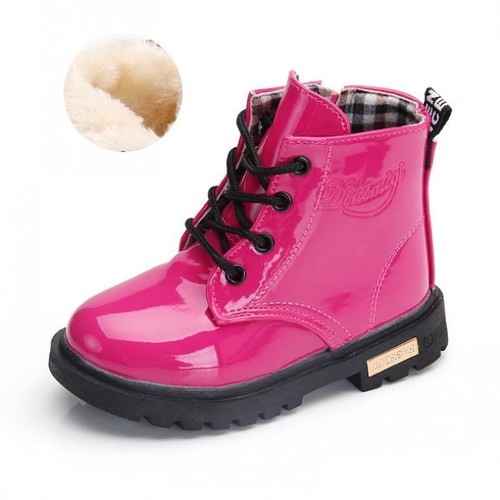 Girls Faux Patent Leather Ankle Boots Comfy Non Slip Stylish Lace Up