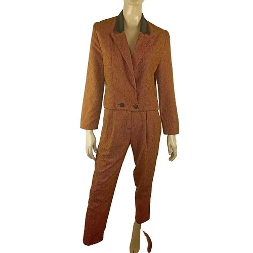 KATIES ladies size 10 suit brown check long pants jacket retro office corporate