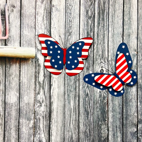 Rustic Hanging Metal American Flag Patriotic Butterfly Wall Door Yard Signs - Picture 1 of 23