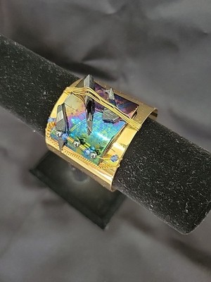 Cuff Bracelet Brass/Abalone/wire/beads/chain Signed KAO 90