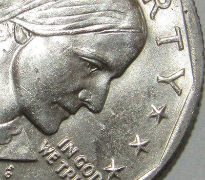 1979-S SBA Susan B Anthony Dollar - Die Chip on Nose ERROR.