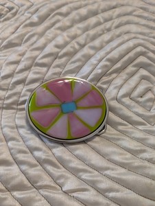 Abstract PinkFlower on Green Fused ArtGlass Buckle Hippie Boho Silver Tone Artsy
