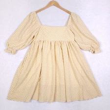 Sweet Lemon Yellow Gingham Babydoll Dress Medium Puff Sleeve Cottagecore Boho