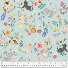 Animal Fabric | Cats in the Garden & Flowers Blue | Windham YARD