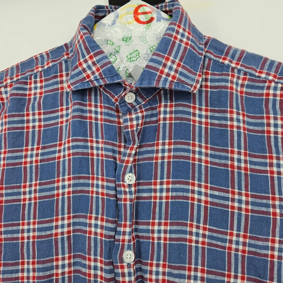Camisa de tela adecuada para hombre grande con botones de lino manga larga roja azul a cuadros Foto 2 de 4