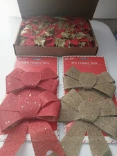24 Count Sm Christmas Poinsettias and 2 Pks Of 2 Glitter Bows Decorations Box E