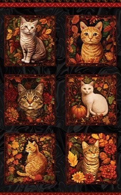 Feline Drive Fabric AUTUMN CATS Cats Block Panel Benartex - Sold by the Panel