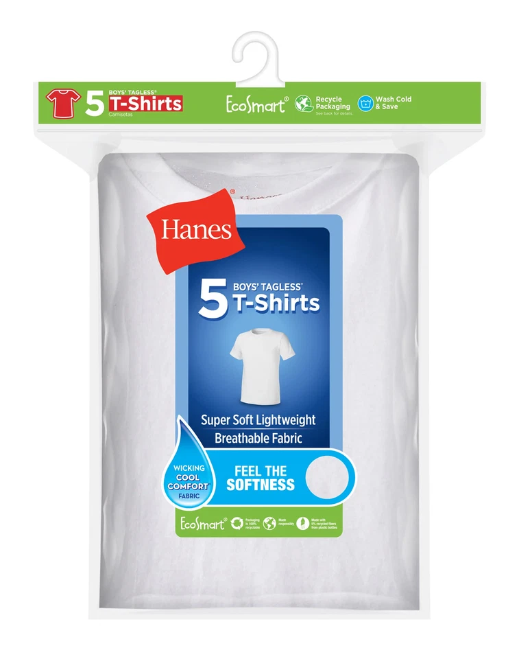 Hanes Boys  5-Pack T-Shirt Undershirt EcoSmart Crewneck Short Sleeve Assorted