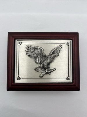 Mahagony And Pewter American Eagle Emblem Keepsake Trinket Box Felt Lined