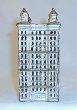 Old Silver Colored Cast Iron Still Penny Bank Skyscraper 5 1/2" by A.C. Williams