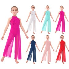Kids Girls Lyrical Dance Jumpsuit Sleeveless Backless Leotard with Mesh Overlay