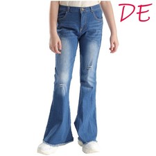 DE Mädchen Jeans Hose Stretch Lange Schlaghose Freizeit Denim Hosen Streetwear