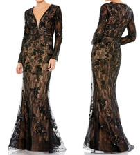 NWT MAC DUGGAL EMBELLISHED LONG SLEEVE PLUNGE NECK GOWN, SZ 16
