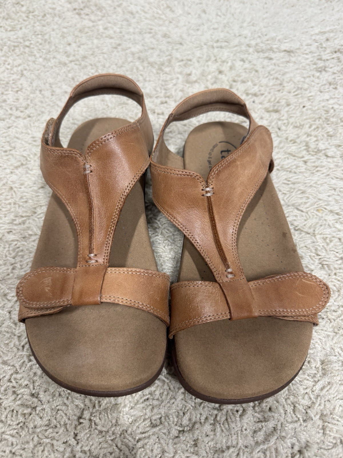 Taos The Show Caramel Leather Adjustable T-Strap Arch Sandals Size 7W Comfort