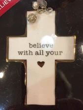 BELIEVE Sentiment Ornament Cross,Charms Porcelain W/Gold Trim St.Nicholas Sq NEW