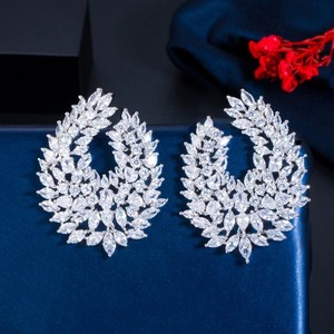 Authentic Gold Plated Symmetrical Big Stud Drop Cubic Zirconia Wedding Earrings Women